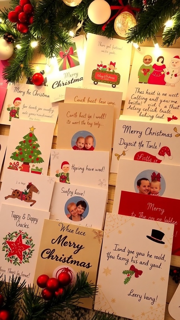 A collection of colorful Christmas cards with festive designs and messages, surrounded by holiday decorations.